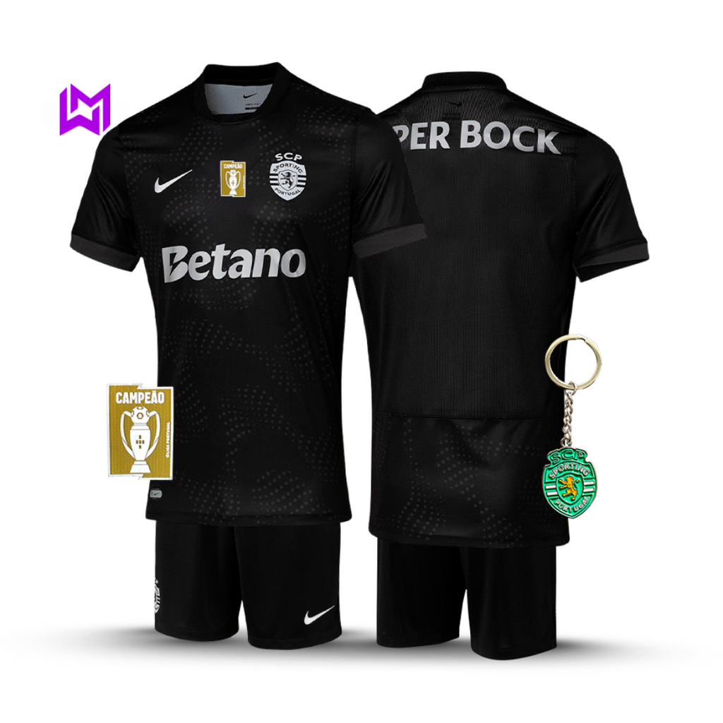 Conjunto Infantil Sporting Away Preta 2025/26 - LANÇAMENTO! 🔥💚