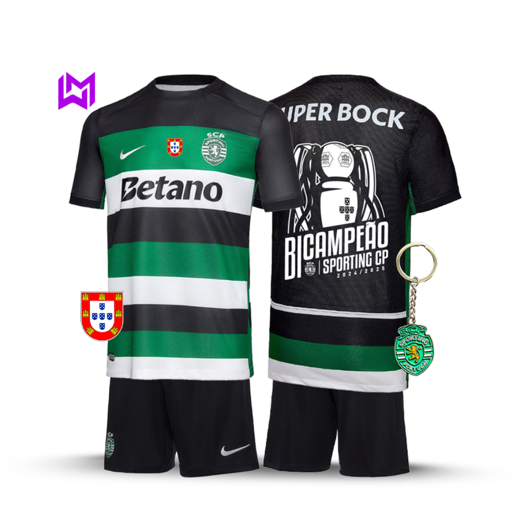 Conjunto Infantil Sporting Principal BICAMPEÃO 2024/25 - MODELO EXCLUSIVO! 🦁🏆